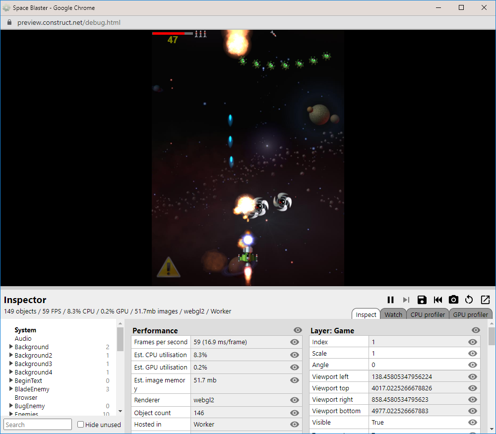 The debugger showing information about the running project
