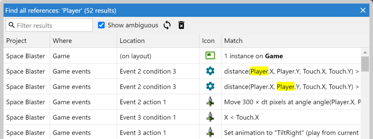 Find results for 'Find all references'